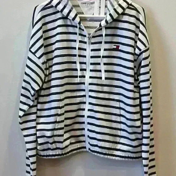 NWT! TOMMY HILFIGER Hooded Jacket/Sweatshirt/Hoodie Navy/White Stripe Size Large - Picture 2 of 16